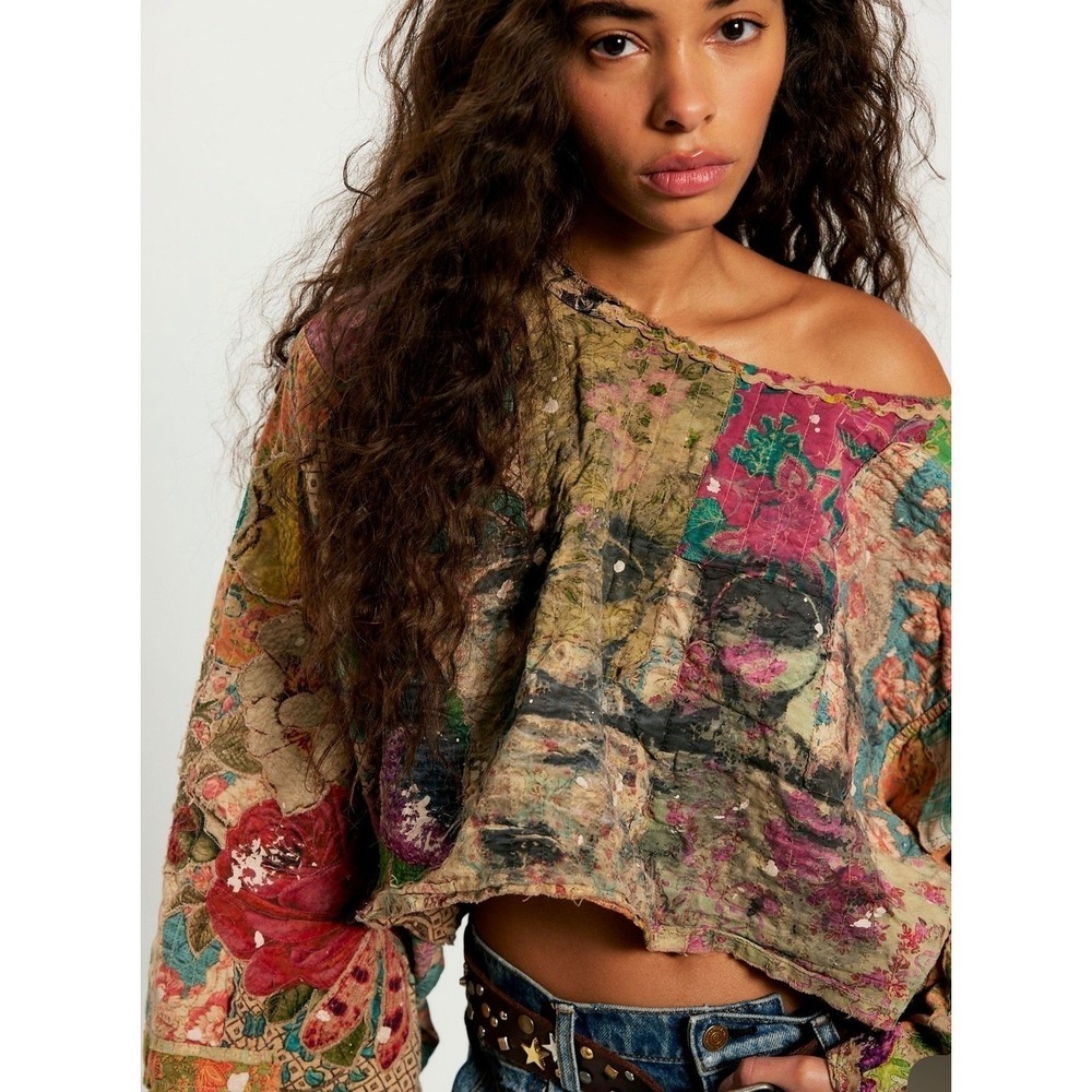 Magnolia Pearl Quilted Gandhi Poncho Top Cropped NWT Patches Distressed Ric Rac
